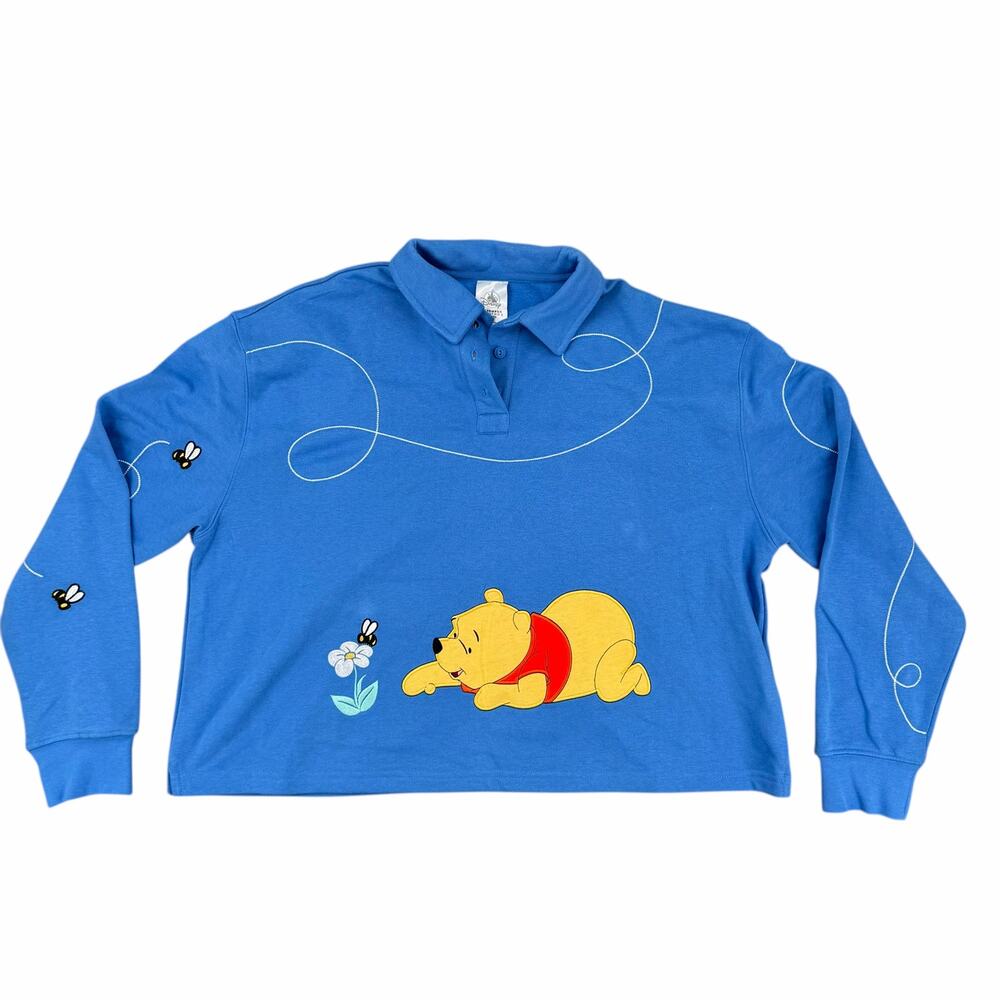 Disney Winnie the Pooh Blue Cropped Polo Sweatshirt Size M Embroidered Bees Y2K